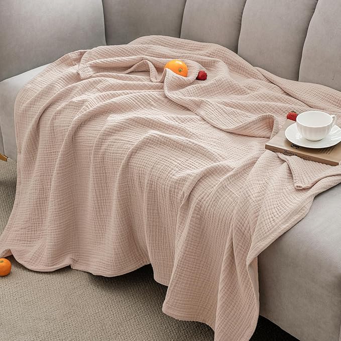 PHF 100% Cotton Muslin Throw Blanket 50" x 60", 4-Layer Lightweight Gauze Throw, Breathable Cloud-Soft Minimalist Blanket for Bed, Couch, Camping & Baby, Dusty Pink, Ideal Gift