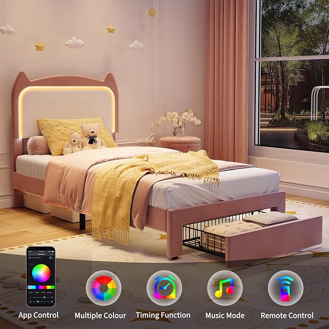 Twin Size Princess Bed Frame with LED Lights & Storage Drawer - Pink Velvet Upholstered Cat Headboard Platform Bed for Kid- Sturdy Wood Slats,No Box Spring Needed,App & Remote Control,Pink & White