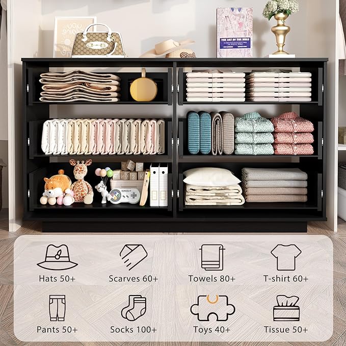 IBF Fluted Dresser with 6 Drawers for Bedroom, Large Wooden Chest of Drawers with Anti-Tipping Design for Men,Women, 54" Wide Modern Cloth Storage Dressers for Nursery,Closet,Living Room, Black Oak