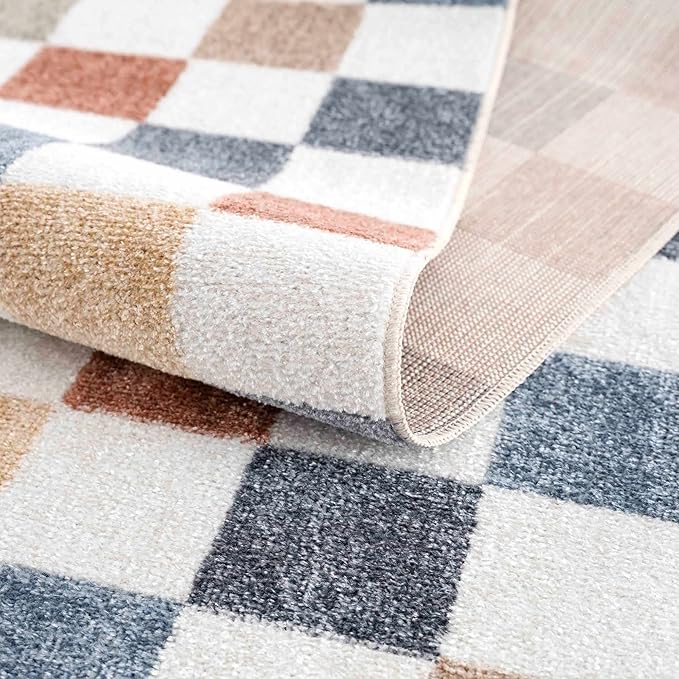 BoutiqueRugs Alia Colorful Modern Checkered Area Rug - Contemporary Geometric Carpet for Hallway, Nursery, Playroom, Girls Boys Room - Machine Washable - White, Blue, Peach, Rust - 2'3" x 3'9"
