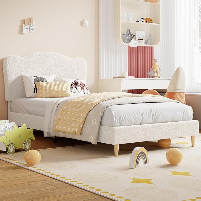 GarveeHome Upholstered Twin Size Bed Frame for Kids with Scallop Headboard, Cute Velvet Twin Bed for Girls, Boys, Sturdy Platform Bed, No Box Spring Needed, Wooden Slats, Noise Free, White