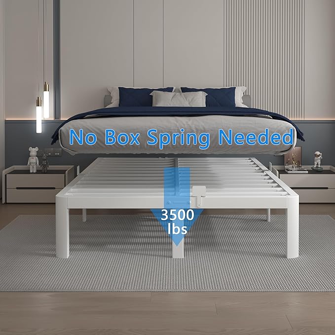 12 Inch King Size Bed Frame with Metal Gaskets, White Bed Frame King Size No Box Spring Needed, Heavy Duty Steel Platform Support, Round Corner Design, Reserved Holes, Noiseless, Storage Space