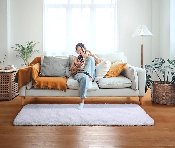 ONASAR White Runner Rugs for Bedroom Living Room, Washable Luxury Bedside Fluffy Area Rug 2x6 Feet, Ultra Soft Plush Faux Fur Floor Throw Carpet for Hallway Nursery Kids Dorm Home Decor Aesthetic