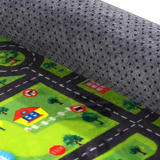 Round Rug 4x4 ft Kids Round Play Carpet City Traffic Road Kids Rug Low Pile Non Slip Fun Carpet for Kids Baby Learning Exercise Mat Educational Car Rug for Toddler Boy Bedroom Playroom Black