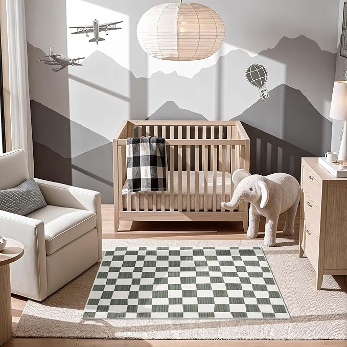 jinchan 3x5 Checkered Area Rugs for Kids Room - Machine Washable Soft Rug Modern Geometric Lattice Non-Slip Carpet for Nursery Playroom Bedroom Entryway Living Room Dining Room Home Office Grey