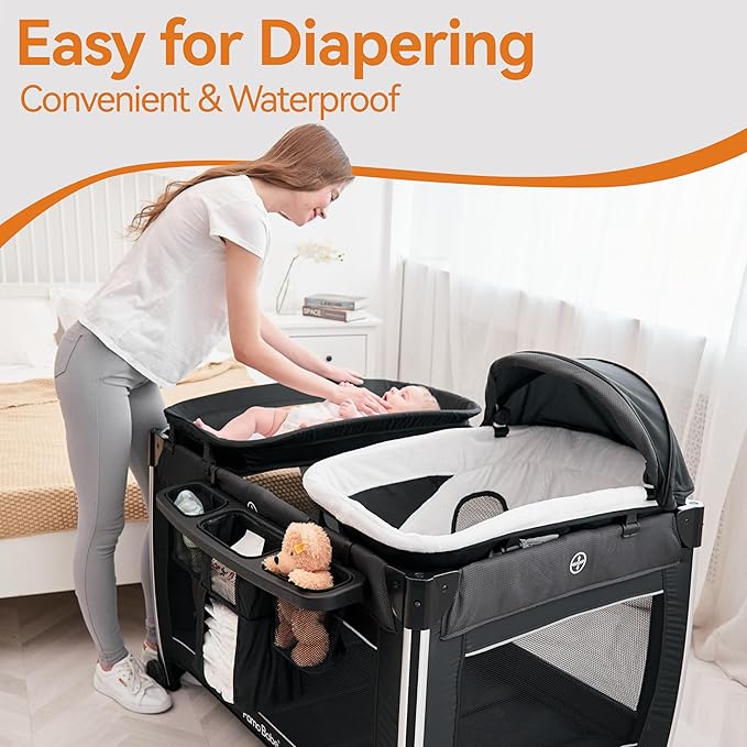 Pamo Babe 4 in 1 Baby Playards with Bassinet & Changing Table, Portable Crib Breathable Mesh and Toy Mobile