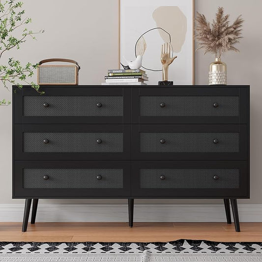 Rattan Dresser for Bedroom, Black 6 Drawer Dressers & Chest of Drawers, Natural Boho Dresser with Handles Wood Storage Organizer Modern Dressers for Closet, Hallway, Office