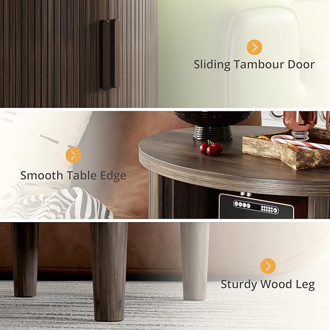20 Inch Round Side Table,Wood Fluted End Table with Storage, Mid Century Modern Night Stand for Bedroom, Living Room and Apartment