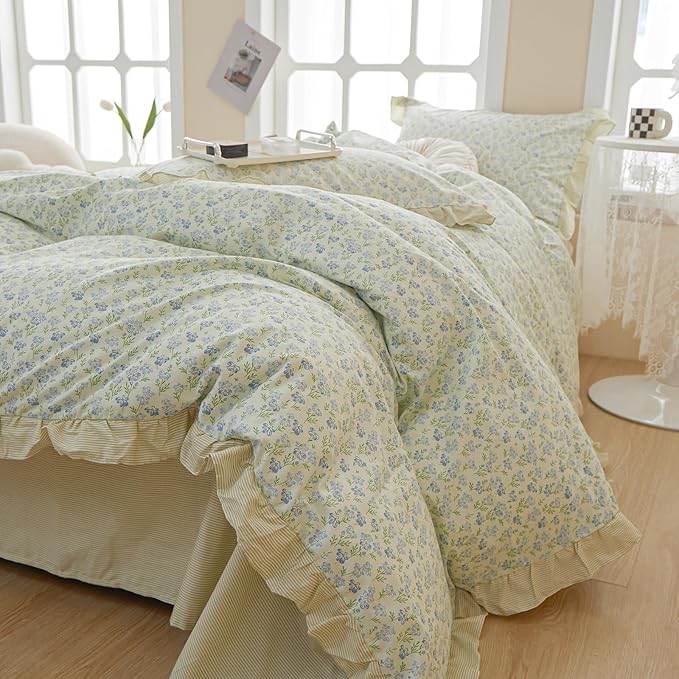 Ruffle Duvet Cover Queen Garden Style Lace Duvet Cover Soft Cotton Vintage Floral Blue Flower Bedding Set Romantic Ruffle Comforter Cover Princess Lace Bedding Botanical Comforter Cover Queen Size
