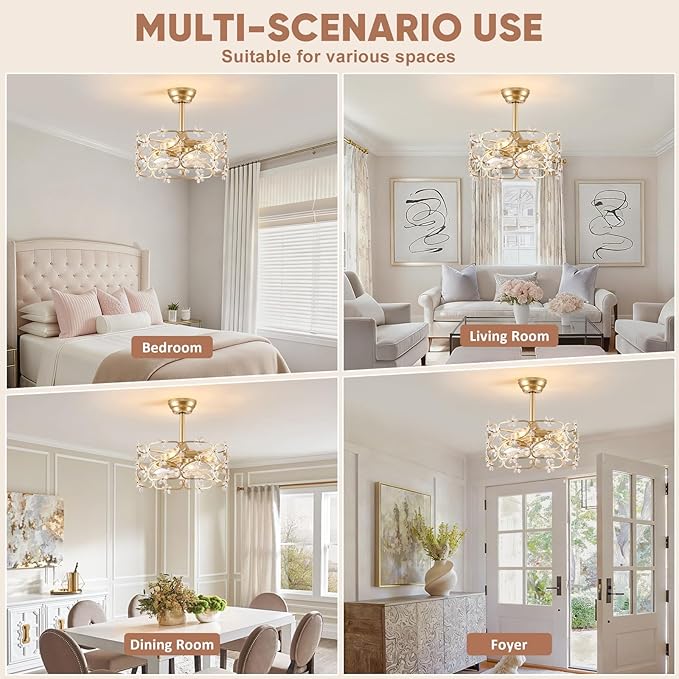 Gold Fandelier Ceiling Fan with Light and Remote Control Modern Crystal Flower Chandelier Ceiling Fan for Girl's Bedroom，Nursery，Living Room（Caged Enclosed 6 Speeds Height Adjustment）
