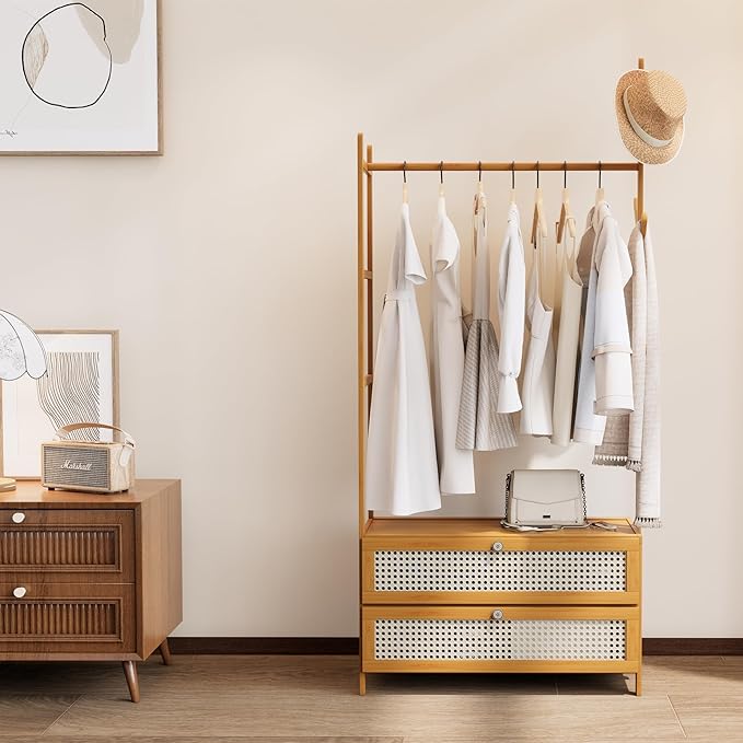 Clothing Rack with Shelves,Bamboo Clothes Rack,Natural Clothes Rack Hanging,Drawers Hanging Racks,Garment Racks with Shelves (27.6inch Width Natural with Rattan Door)