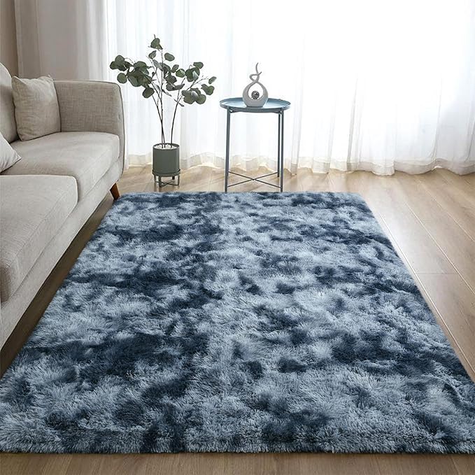 DweIke Fluffy Blue Grey Rugs for Bedroom Living Room, 6x9 Large Soft Plush Shaggy Tie-Dyed Navy Blue Gray Girls Boys Kids Rug, Upgraded Non-Slip and Machine Washable Carpet for Dorm Nursery Decor