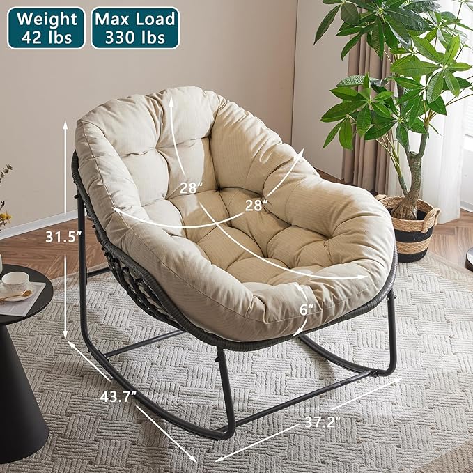 Oversized Outdoor Papasan Rocking Chair with Soft Cushion, Comfy Patio Egg Chair, Wicker Lounge Rocker for Balcony/Porch/Garden, Reinforced All Weather Rattan Frame, 330 lbs Support, Beige