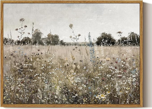 ARPEOTCY Vintage Framed Canvas Wall Art, 12x16inch, Classical Wildflowers Field Sky Farmhouse Pictures Wall Decor, Art Prints for Home Decor Aesthetic, Paintings for Living Room Office
