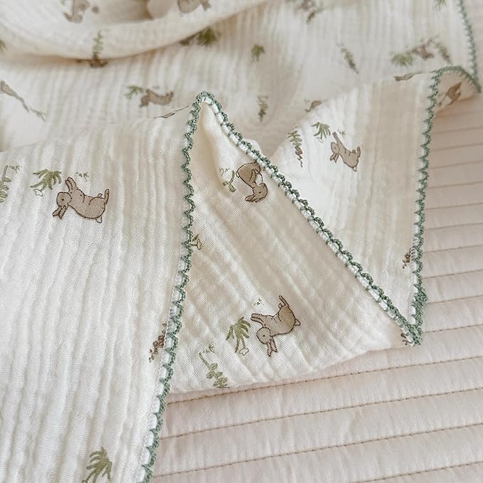 BuLuTu Gray Rabbit Pattern Cotton Muslin Toddler Blanket Large Crib Quilt Soft Breathable Toddler Bed Blankets Baby Boys Girls Swaddle Blankets, All Seasons, 47"x51"