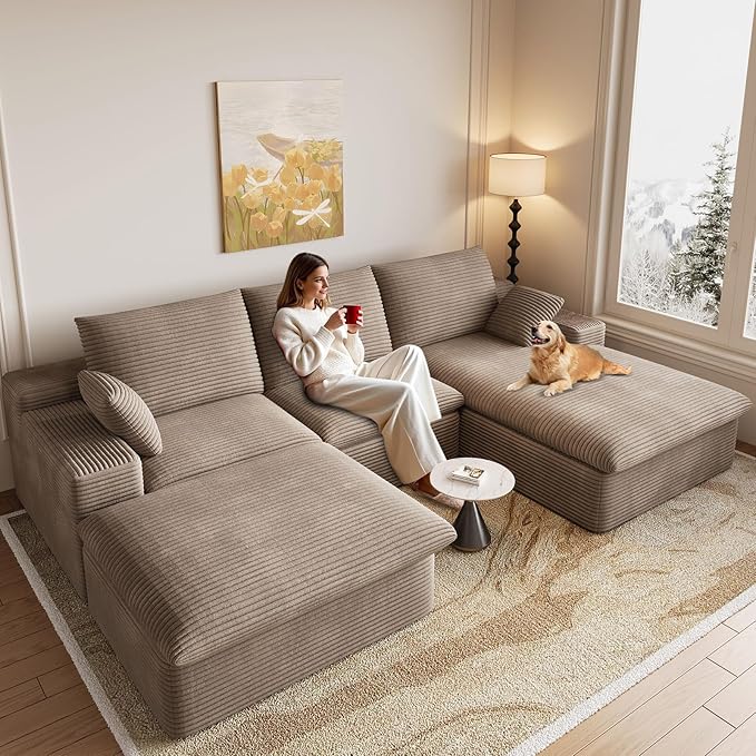 107" Cloud Modular Sectional Sofa with 1 Ottoman, Deep Seat Boneless Couch, Modern Upholstered Corduroy Couches, Comfort U Shaped Sofa for Living Room, No Assembly Required(Camel,Right Facing Chaise)