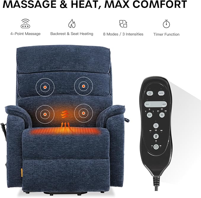 DYNOX 400 lbs Big & Tall Power Lift Recliner Chair for Elderly, Oversized Wide Dual Motor Lay Flat Infinite Positions Recliner with Heat and Massage(9298W,Chenille,Blue)