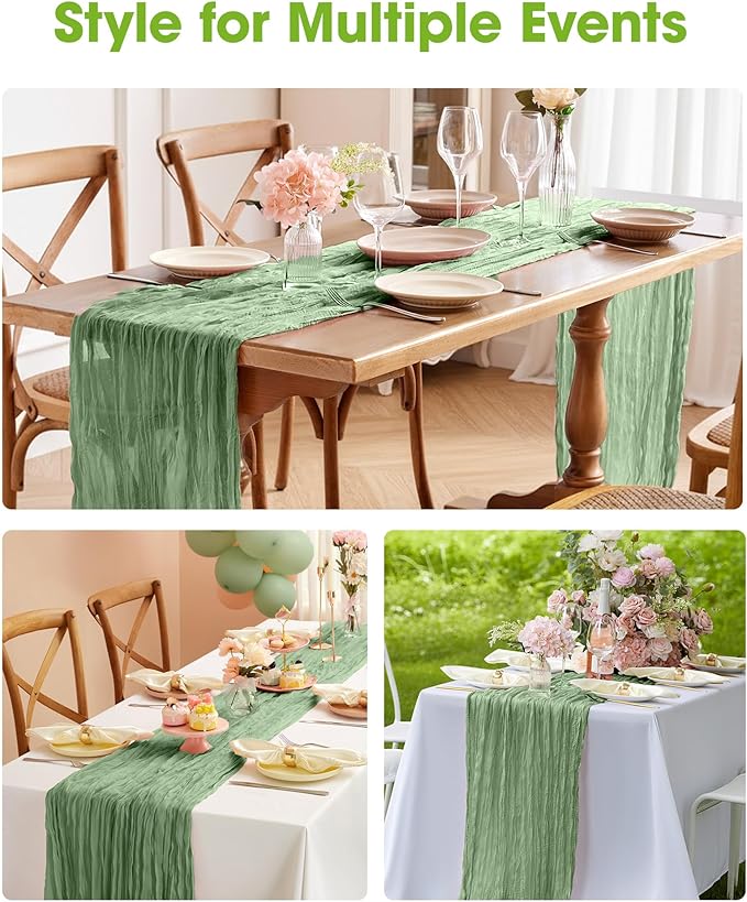 Pureegg 2-Pack Cheese Cloths Table Runner, 120'' Boho Table Cloth Decorations for Party, Baby Shower, Wedding and Farmhouse, Fabric Room Decor, Sage Green
