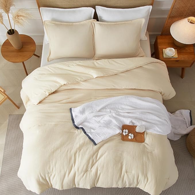 Muslin Comforter Set Queen Size, Cotton Cover & Polyester Filling, Breathable & Linen Like & Suitable for All-Season Use,3 Pieces(1 Comforter 90"x90", 2 Pillow Shams 20"x26"), Off White