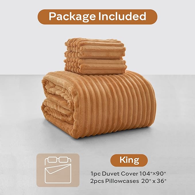 JELLYMONI Plush Duvet Cover Set - King Size Orange Striped Fluffy Comforter Cover 3pcs Bedding Set Luxury Ultra Soft Faux Fur Duvet Cover with Zipper and 2 Pillowcases (NO Comforter)