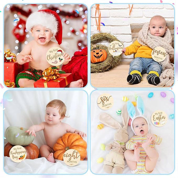 Capoda 18 Pcs Baby Monthly Milestone Cards My First Holiday Milestone Signs 1-12 Months Holiday Wooden Circles Announcement Discs for Boy Girl Photography Photo Baby Shower Newborn Keepsake Gift