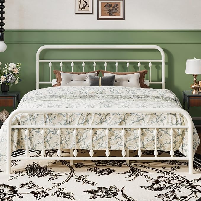 SHA CERLIN King Size Metal Platform Bed Frame with Victorian Style Iron-Art Headboard and Footboard, Easy Assembly, Under Bed Storage, No Box Spring Required, White