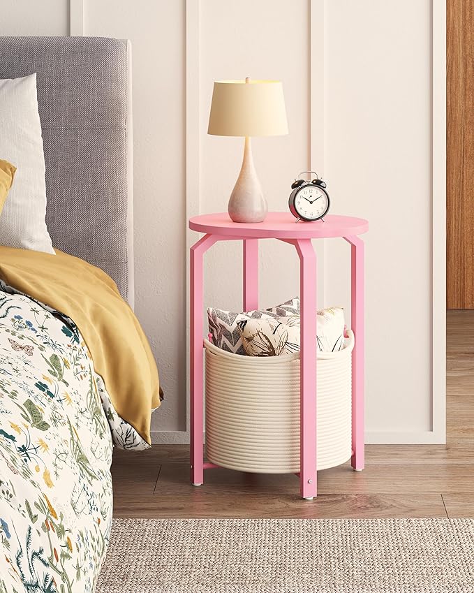 TUTOTAK Small Side Table, Oval End Table, Night Stand, Bedside Table, Set of 2, Sofa Table with Storage Basket, Living Room, Bed Room, Pink TB01BP0932