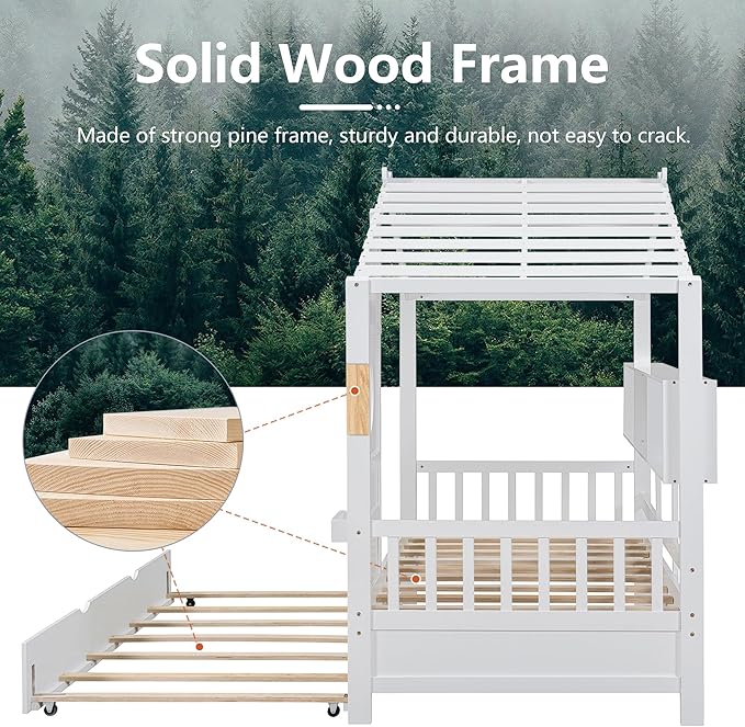 Twin Bed Frames for Kids, House Bed with Trundle and Shelves, Wood Playhouse Platform Bed Frame with Window and Fence for Boys Girls, White, 74.4" L x 42.7" W x 72" H
