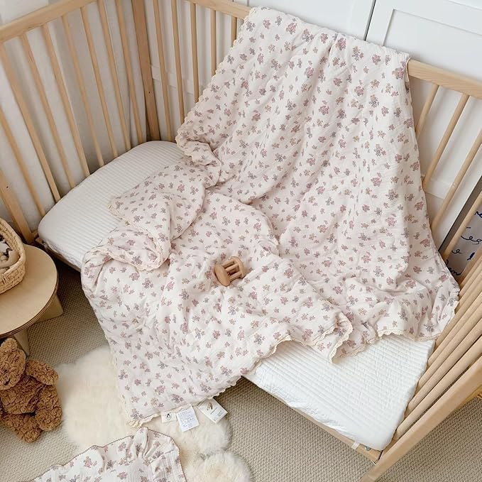 BuLuTu Retro Design Tuberose Flower Quilt Blanket for Toddler Girls Chic Floral Crib Comforter Soft Gauze Toddler Bedding Lightweight Comforter for All Seasons, Machine Washable, 60x78 Inches
