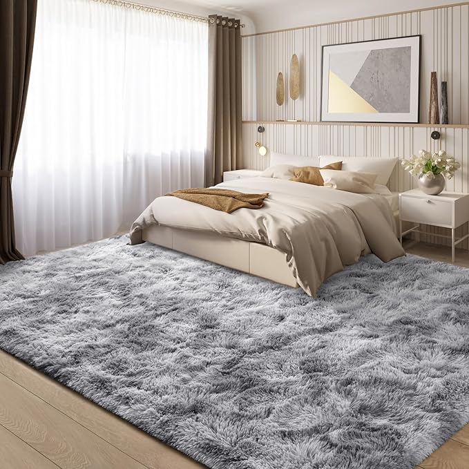 EVOIONOS Area Rug for Living Room Bedroom, Washable 6x9 Fluffy Shag Large Rug, Soft Plush Non Slip Carpet for Indoor Floor Bedside Nursery Kids Room, Dorm, Home Decor Aesthetic, Tie-Dyed Light Grey