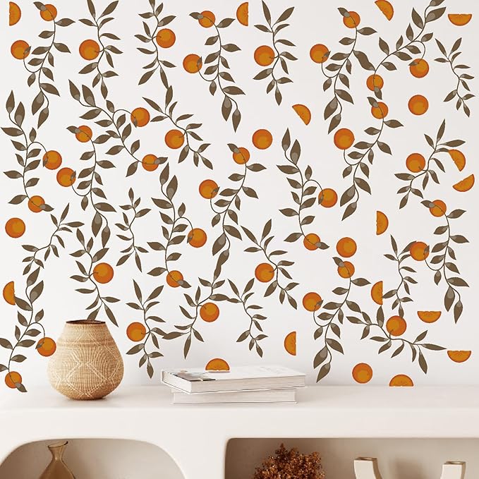 Orange Leaf Wall Decals Boho Fruit Leaf Wall Stickers Small Tree Leaf Sticker Vintage Green Leaves Decal Cute Orange Leaves Wall Decals for Nursery Kids Room Bedroom Kitchen Decor
