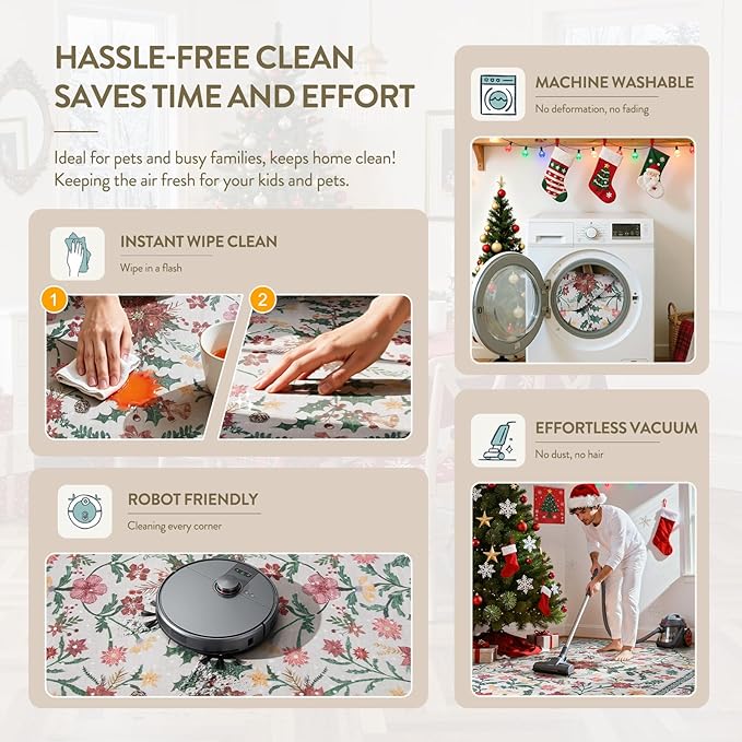Lahome Christmas Rugs 8x10 Living Room Decor, Washable Area Rugs for Dining Room Stain Resistant, Large Thin Carpets Under Bed Couch Cottagecore Holiday Decor