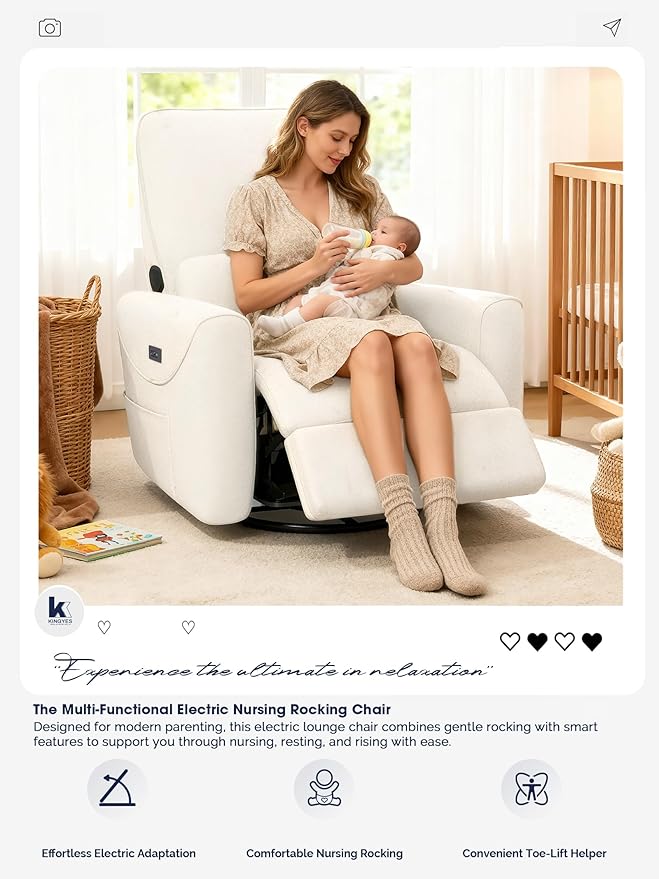 KINGYES Nursery Rocking Chair, Glider Rocking Chair for Nursery, 270° Swivel Glider, Bluetooth Speaker & USB-C Port, Fabric Nursery Recliner Sofa, Cream