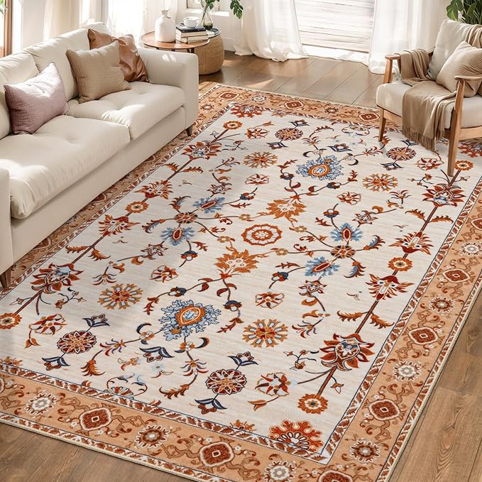 Tangsoo Floral Area Rug 5x7 Machine Washable Orange Rug Non-Slip Vintage Distressed Boho Print, Soft Low Pile Carpet for Living Room, Bedroom, Dining Room, Pet & Child Friendly (Orange Home Decor)