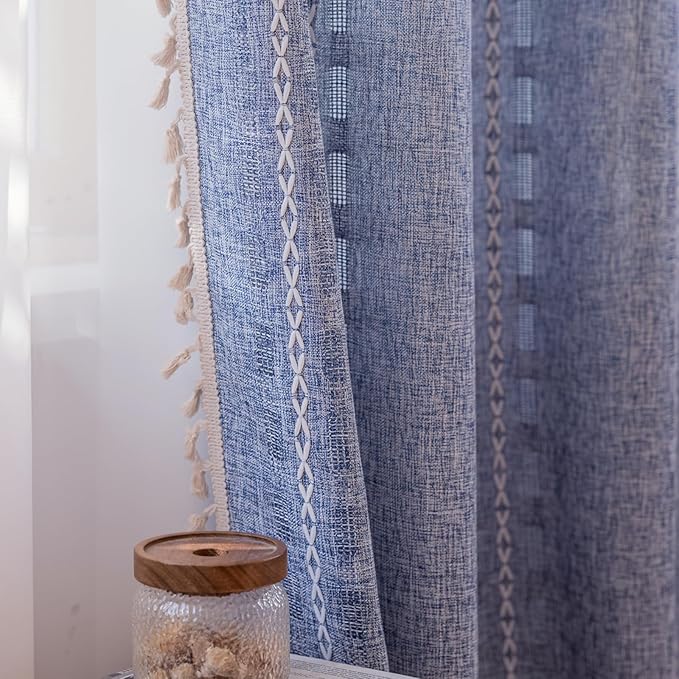 Deeprove Denim Blue Boho Curtain 63 inches Length for Living Room Bedroom Office, American Classic Bohemian Sheer 63 inches Long Stripe Embroidery Privacy Window Tassel Decor W52 x L63, 1 Panel
