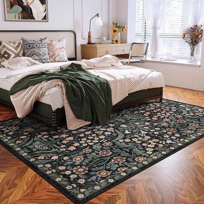 5x7 Washable Area Rug for Living Room, Floral Non-Slip Non-Shedding & Easy Care, Soft Low Pile Forest Boho Indoor Floor Carpet for Living Room, Bedroom, Farmhouse, Dining Room, Kids Playroom, Black