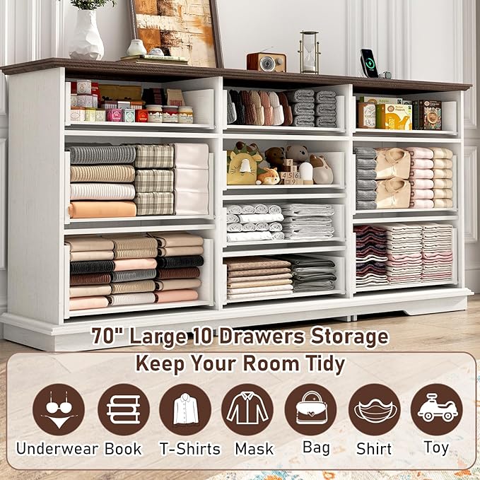 70inch Large Long Dresser w/Charging Station,10 Drawer Dresser w/Deep Big Drawers,Wooden Chest of Drawers w/Power Outlet,White Dressers for Bedroom,Living Room,Entryway