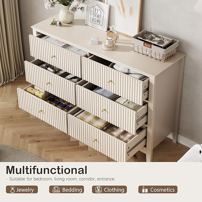 Beige Dresser for Bedroom, 6 Drawers Fluted Chest of Drawers with Storage, Modern Wide Storage Dresser with Paint Design, Wood Drawer Organizer Beige Dressers for Entryway, Hallway