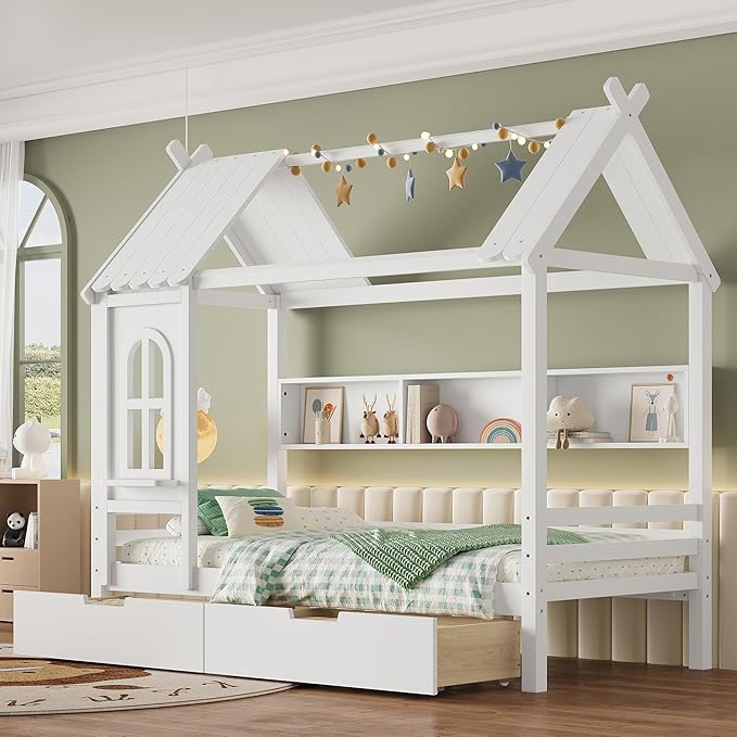 MERITLINE Twin Size House Bed with Storage Drawers & Window, Solid Wood Platform Bed Frame with Shelves, No Spring Box Needed, Childlike Design for Kids, Girls, Boys, Light White