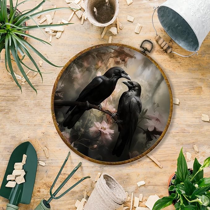 Hiuwevt Dark Academia Raven Round Wall Art Decor, Vintage Gothic Witchy Black Raven Floral Framed Canvas Prints, Mystical Crow Round Wall Hanging Decor for Bedroom Home Decorations, 10x10 Inches