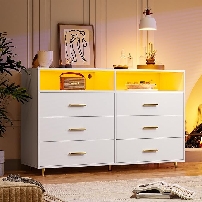 EnHomee White Dresser with LED Lights, 6 Drawers & 2 Open Shelves Top Dresser for Bedroom, Wood Chests of Drawers