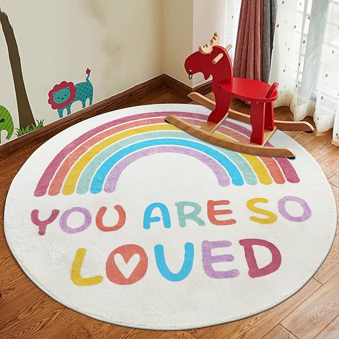 Topotdor Rainbow Round Rug for Bedroom,Colorful Boho Decor Nursery Rug,Ultra Soft Washable Reading Corner Rugs,47" Round