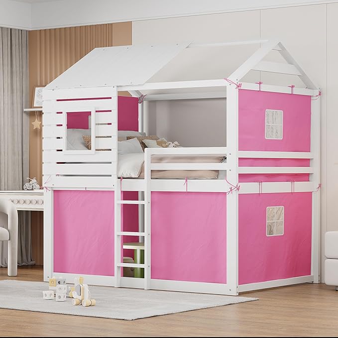 Full Size House Bed Tent Bed with Windows for Kids Teens Boys Girls, Solid Wood Bunk Bed Frame with Guardrails, Versatile Spacious Under Bed Space with Curtains (Pink-Tent Full)