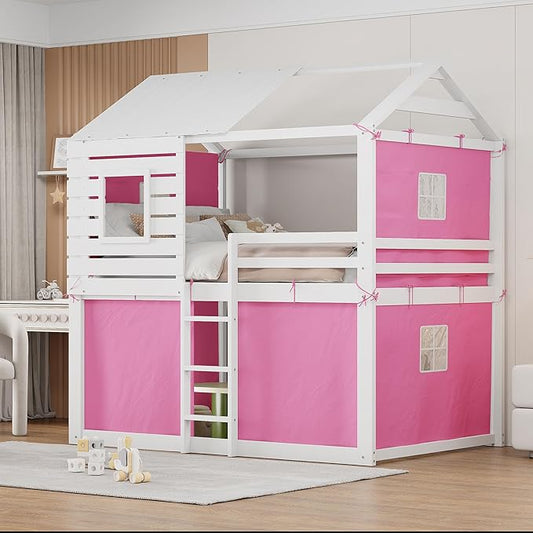 Full Size House Bed Tent Bed with Windows for Kids Teens Boys Girls, Solid Wood Bunk Bed Frame with Guardrails, Versatile Spacious Under Bed Space with Curtains (Pink-Tent Full)