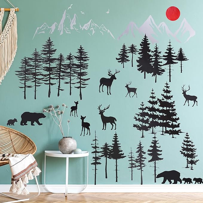 Outus 3 Sheets Mountain Forest Bear Wall Decals Stickers Pine Tree Wall Decals Trees Wall Stickers Deer Forest Decals for Kids Nursery Bedroom Living Room Decor,11.8 x 35.4 Inches
