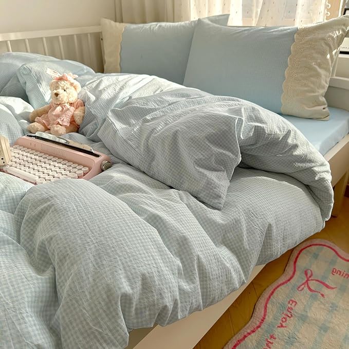 LifeTB Blue Gingham Duvet Cover Full 3 Pieces Blue Plaid Comforter Cover with Chic White Lace Soft Microfiber Checkered Grid Duvet Cover with 2 Pillowcases Breathable Gingham Plaid Bedding Set