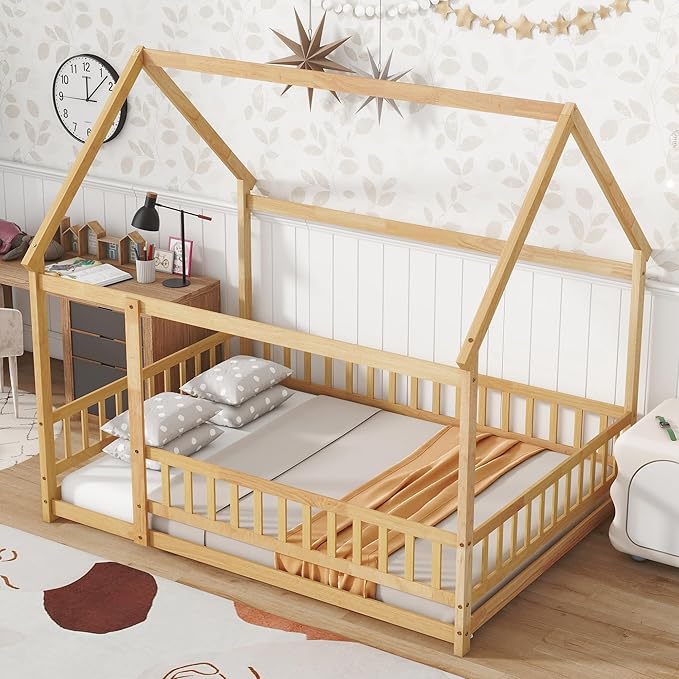 Ball & Cast Full Size Floor Bed,Montessori Bed with Roof & Safety Guardrails Design,Wooden Toddler House Bed Frame W/Open Door,for Girls Boys,Natural