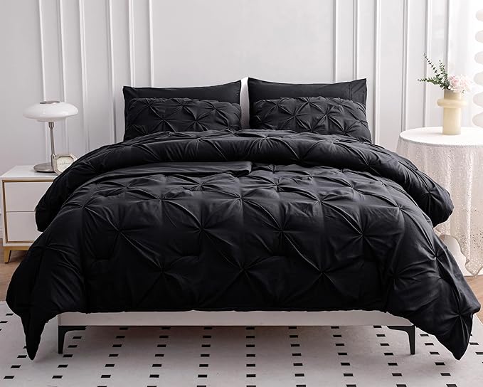 LANE LINEN Twin Comforter Set, 5 Piece Bedding Set, Pintuck Bed in a Bag, Bedding Comforter Set with Sheets, Pillowcase & Sham, Bed Set - Black
