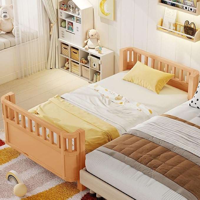 KEIKI Twin Size Wooden Floor Bed w/Removable Rails, Montessori Platform Bed Frame w/Safety Low Profile, Space Saving Corner Kids Beds for Boys Girls Bedroom, No Box Spring Needed, Easy Assembly, Brown