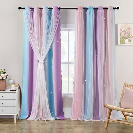 XiDi Curtains for Girls Bedroom Decor 102 Inches Long Colorful Rainbow Blackout Curtains for Kids Princess Nursery Room Unicorn Wall Decor Ombre Grommet Drapes Pink Purple W52 X L108 2 Panels